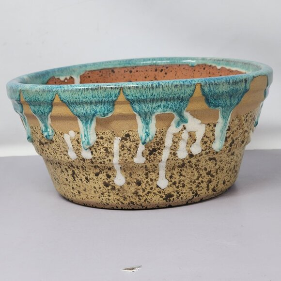 Handmade Clay Pottery Drip Glaze Bowl Turquoise & Speckled Tan Pottery - Picture 2 of 11